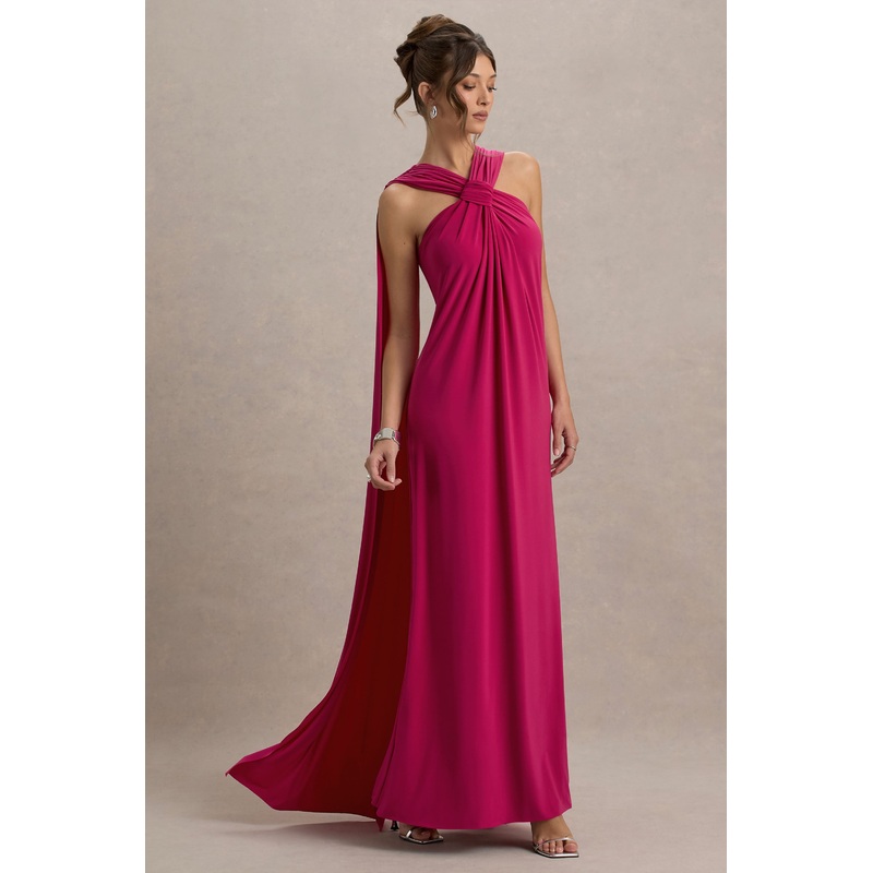 Ariana | Pink Cross-Neck Maxi Dress With Cape