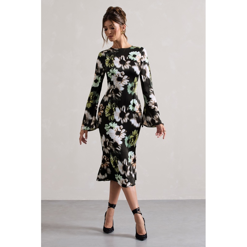 Arlitta | Black Floral Print Satin Long-Sleeve Midi Dress