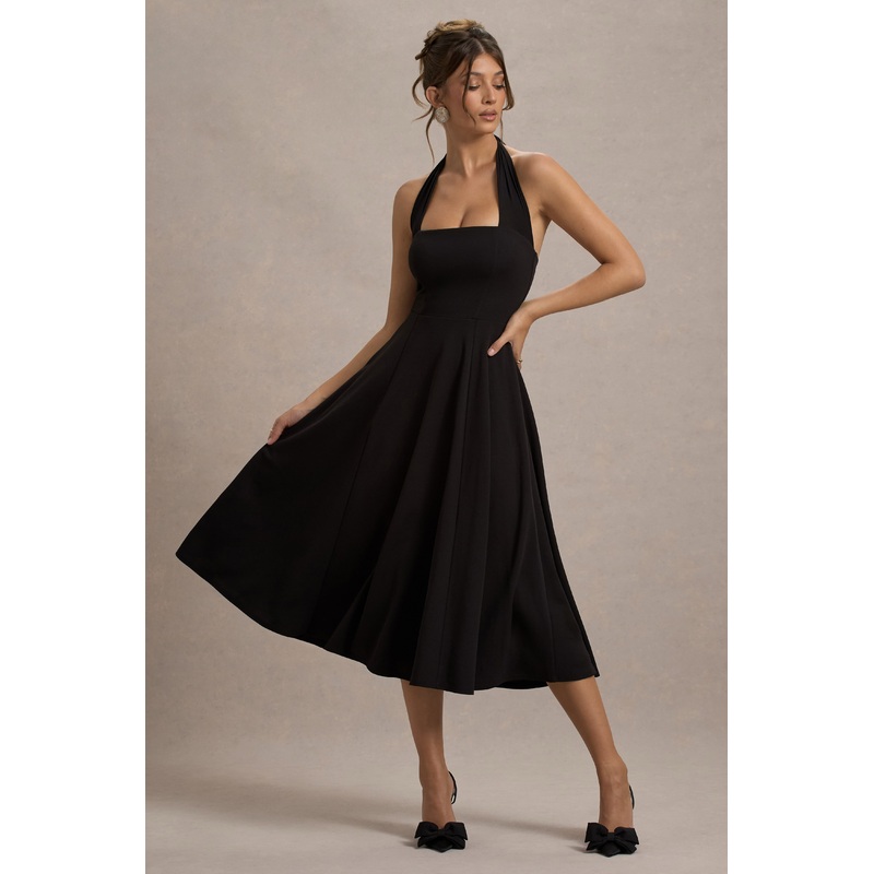 Auburn | Black Halter Skater Midi Dress