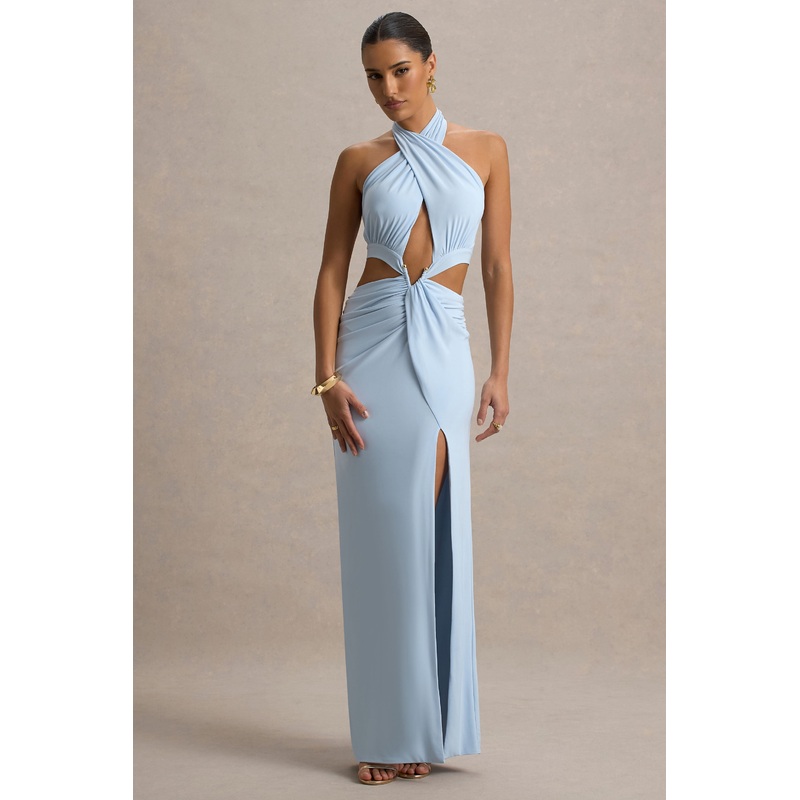 Aura | Powder Blue Halter-Neck Cut-Out Split Maxi Dress