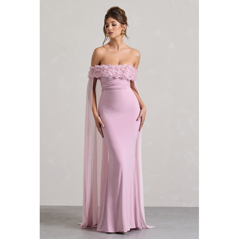Avant Garde | Blush Pink Floral Bardot Fishtail Maxi Dress With Mesh Cape