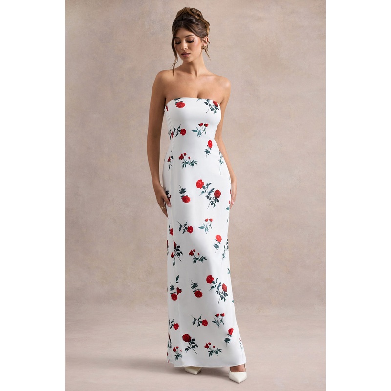 Azra | Rose Print Satin Bandeau Maxi Dress
