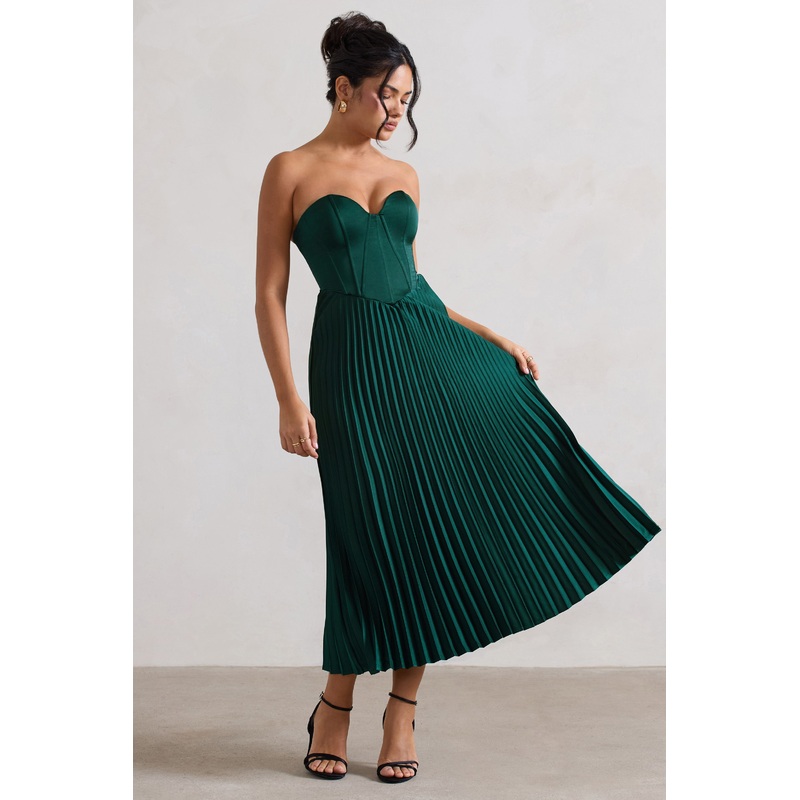 Bordeaux | Bottle Green Satin Corset Style Midi Dress