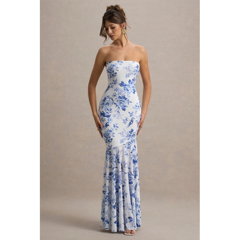Callie | Blue Porcelain Print Bandeau Fishtail Maxi Dress