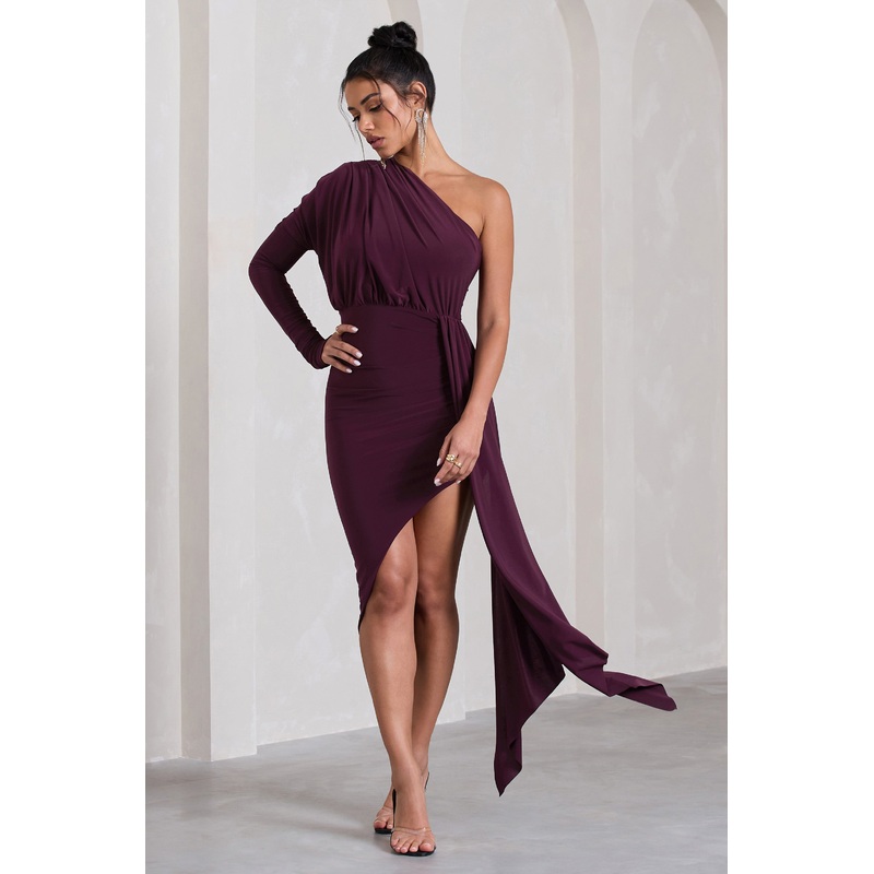 Catherine | Plum One Sleeve Asymmetric Midi Dress With Statement Drape