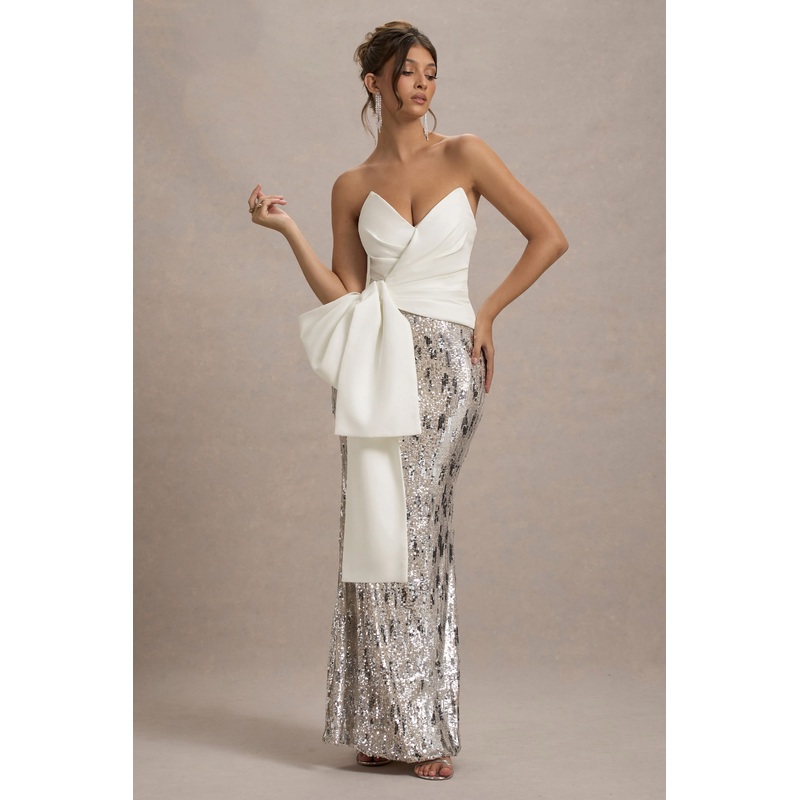 Ceres | Ecru Strapless Draped Maxi Dress With Sequin Skirt