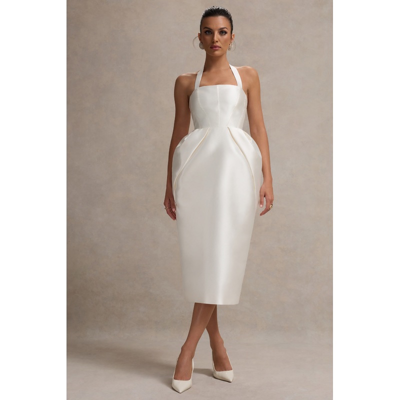 Cosetta | White Halter-Neck Midi Dress With Tulip Skirt