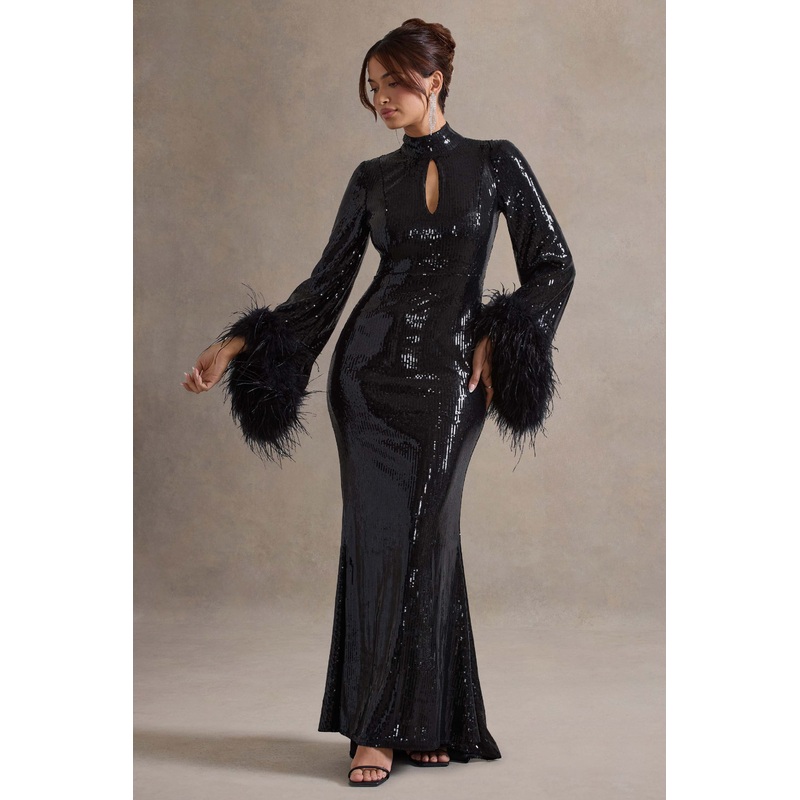 Cosmic Star | Black Sequin High-Neck Maxi Dress With Feather Cuffs