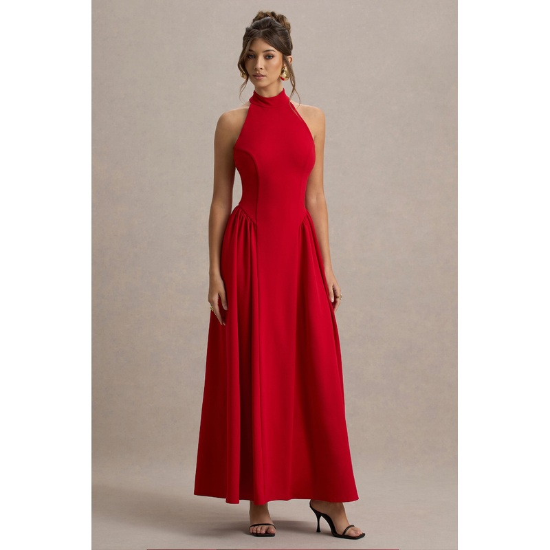 Cynthia | Red High-Neck Maxi Dress With Volume Skirt