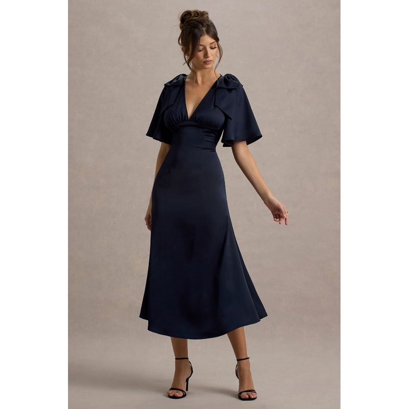 Danna | Navy Satin V-Neck Short-Sleeve Midi Dress