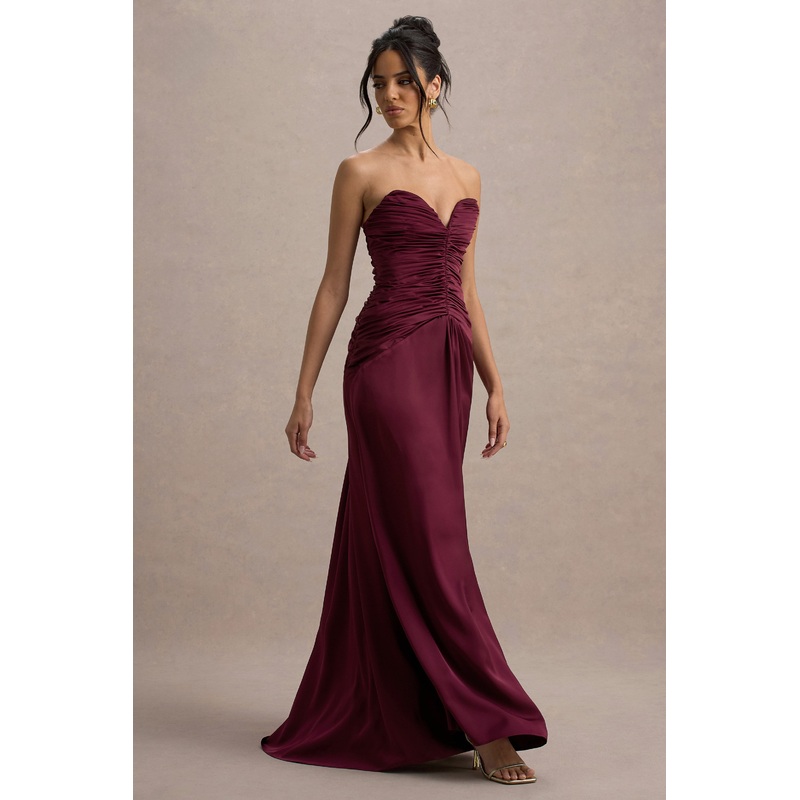 Desirie | Burgundy Satin Sweetheart Gathered Maxi Dress