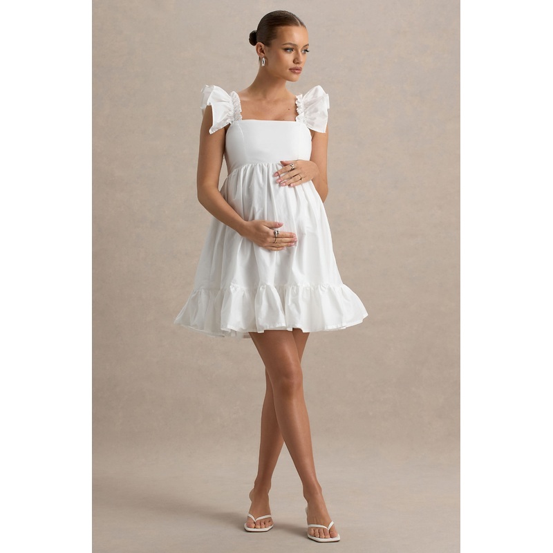 Dolly Daze | White Ruffle Sleeve Babydoll Maternity Mini Dress