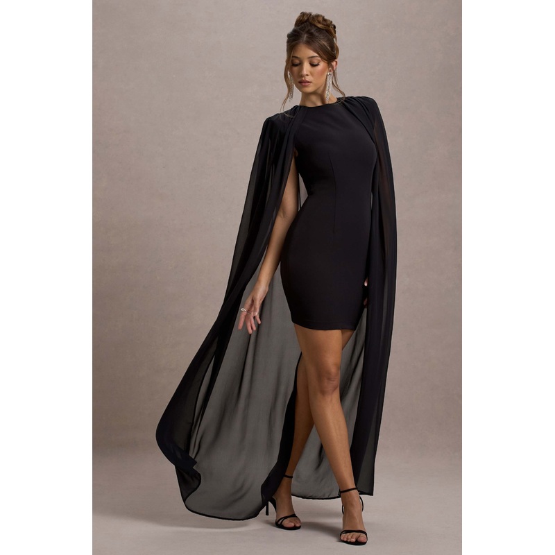Elysium | Black Bodycon Mini Dress With Chiffon Cape