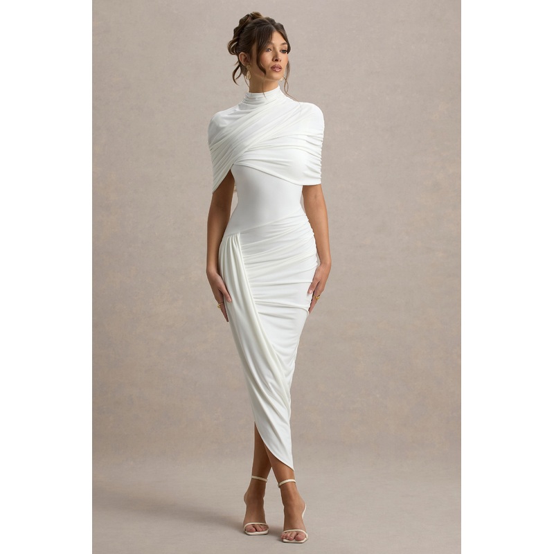Enchant | White Asymmetric Twisted Cape Maxi Dress