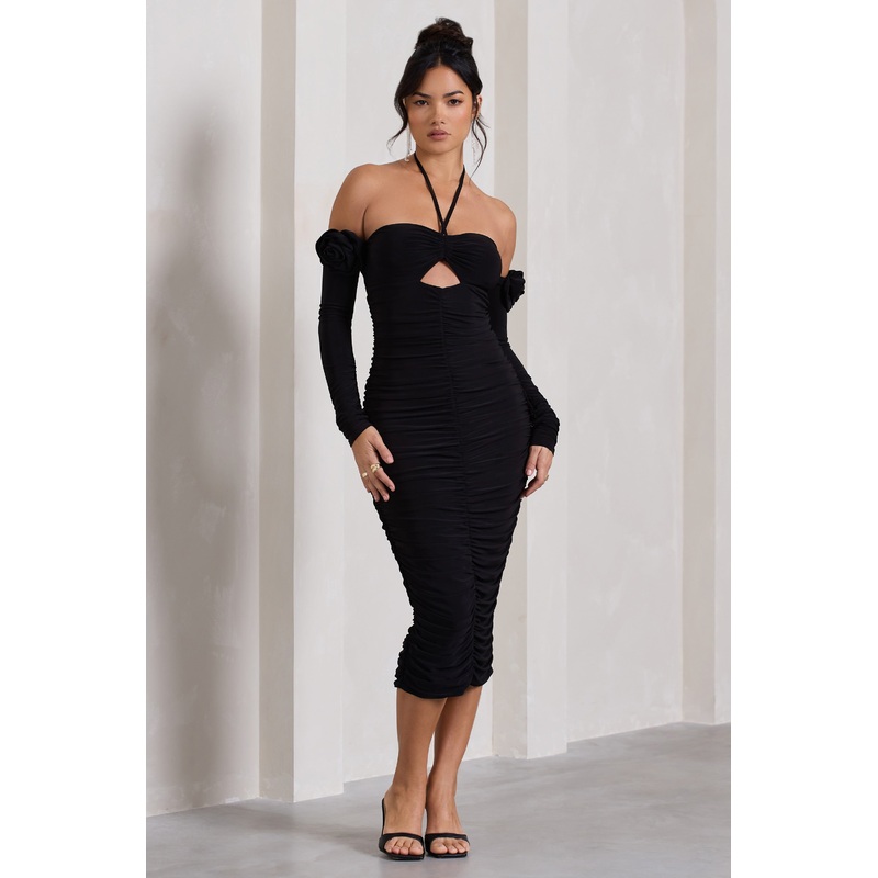 Extra Special | Black Ruched Halter-Neck Midi Dress With Flowers