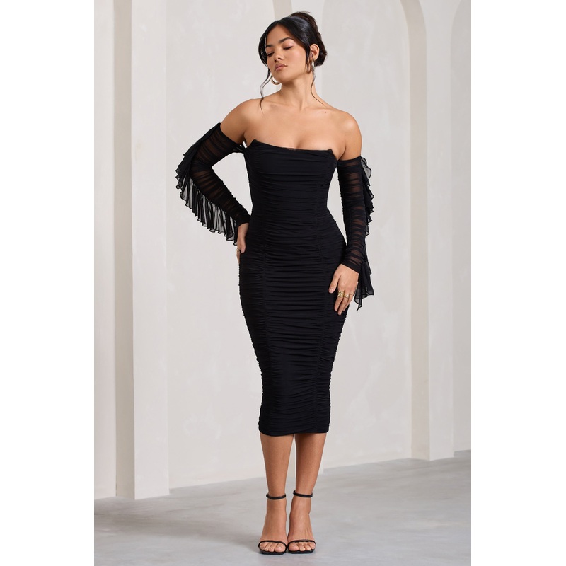 Favor | Black Ruched Mesh Bardot Midi Dress