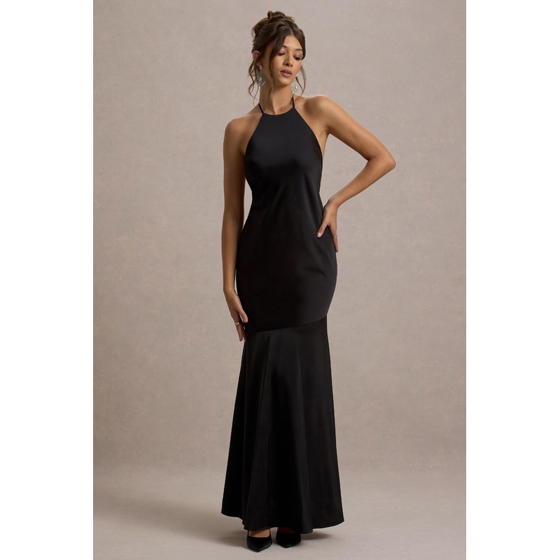 Frida | Black Satin Halter-Neck Backless Maxi Dress
