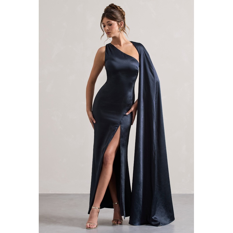 Gala | Navy Satin One-Shoulder Cape Sleeve Split Maxi Dress
