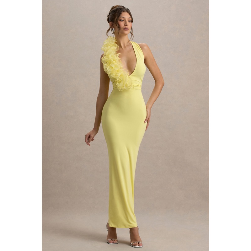 Harriet | Lemon Plunge-Neck Maxi Dress With Floral Detail