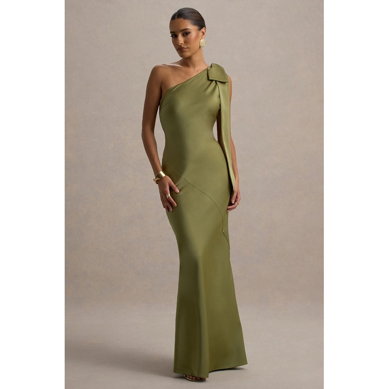 Here For Love | Khaki Satin Asymmetric Maxi Dress With Bow