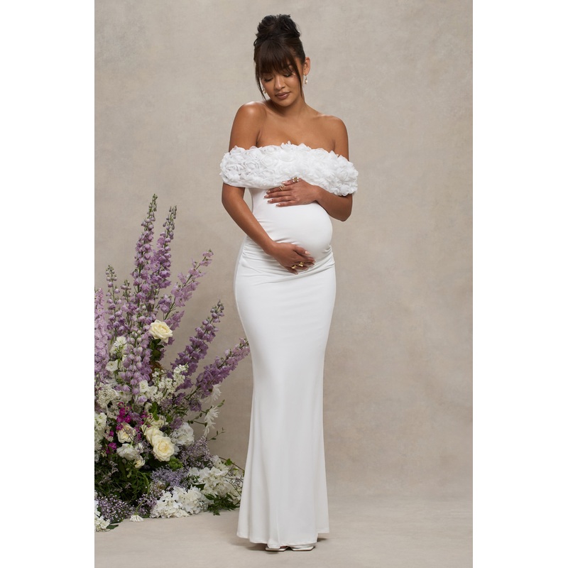 Inflorescence | White Mesh Floral Bardot Maternity Maxi Dress