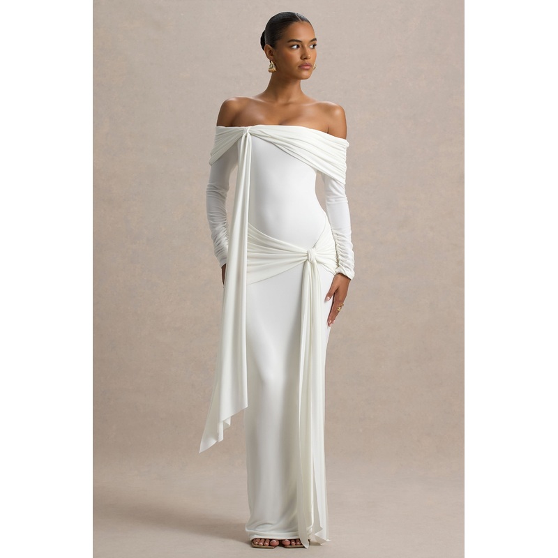 Jovie | White Bardot Wrap Maxi Dress With Sash Detail