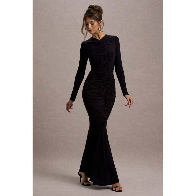 Kalilah | Black Long-Sleeve Ruched Maxi Dress