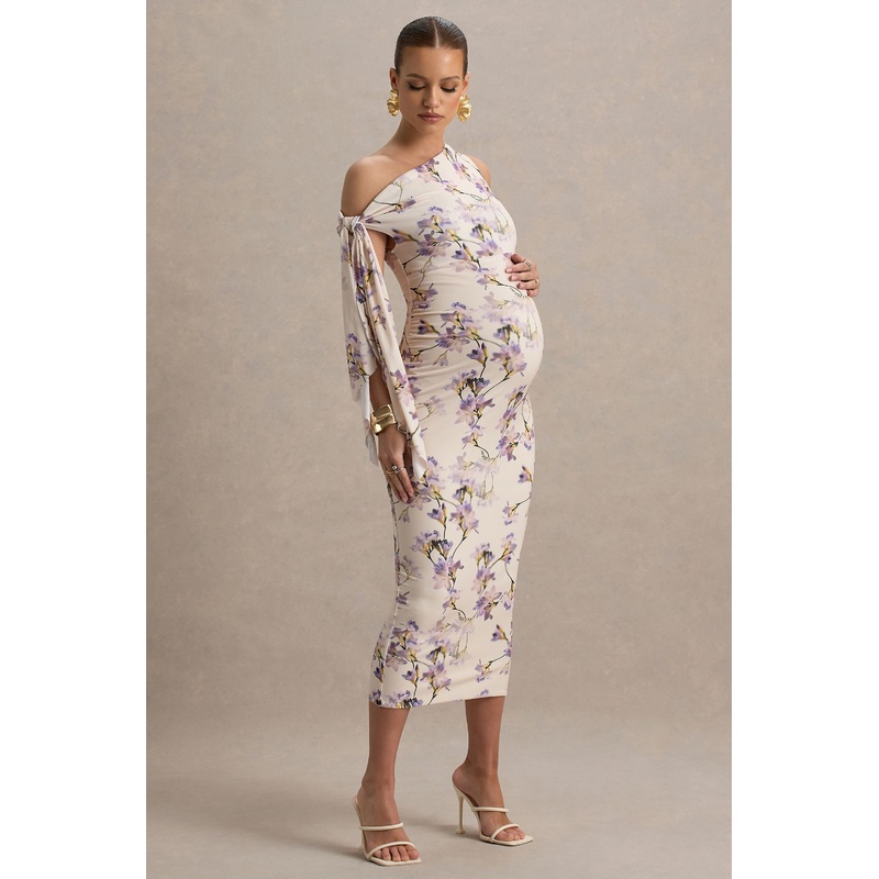Katarine | Peach Floral Print Asymmetric Knot Maternity Midi Dress