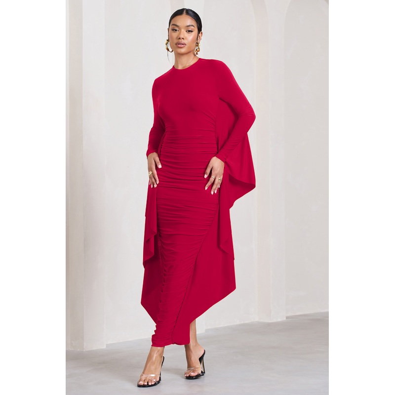 Keva | Red Long Sleeve Ruched Maxi Dress with Cape Detailing