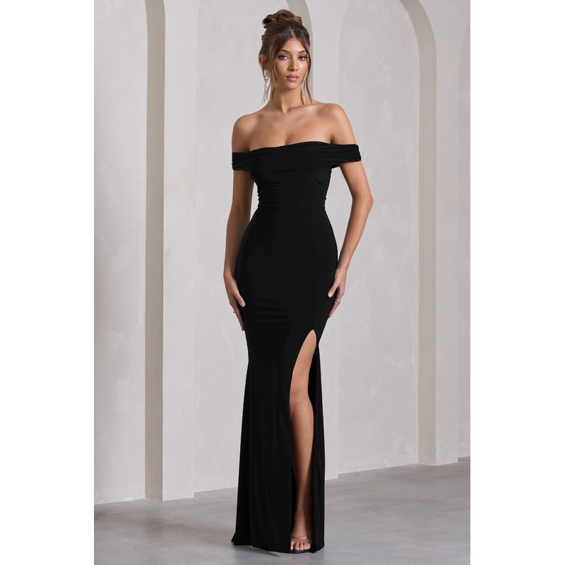 Law of Attraction | Black Bardot Draped Split Maxi Dress