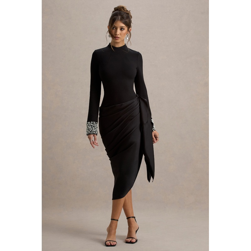 Luanna | Black Satin Long-Sleeve Midi Dress With Draped Skirt