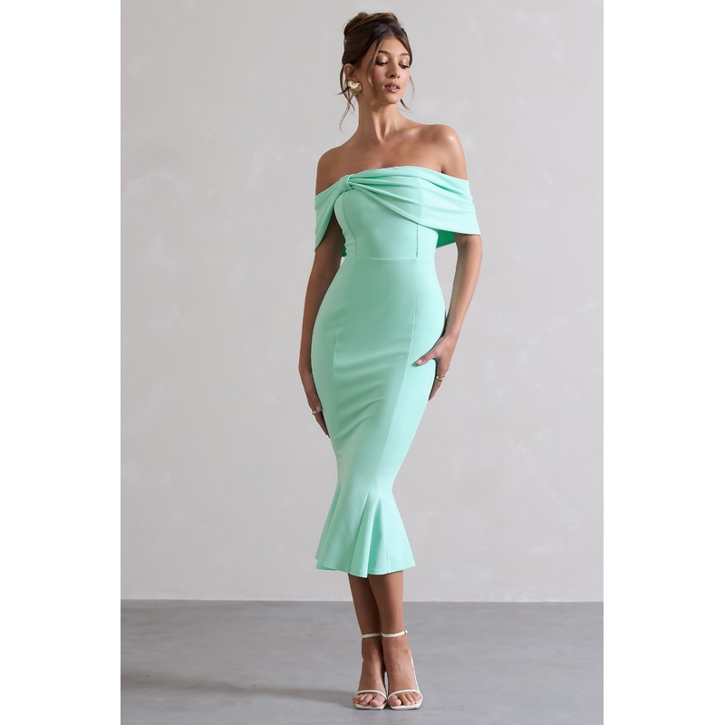 Lydia | Mint Bardot Bow Detail Midi Dress