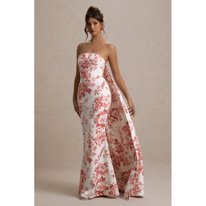 Lywenn | Pink Porcelain Print Bandeau Maxi Dress With Cape