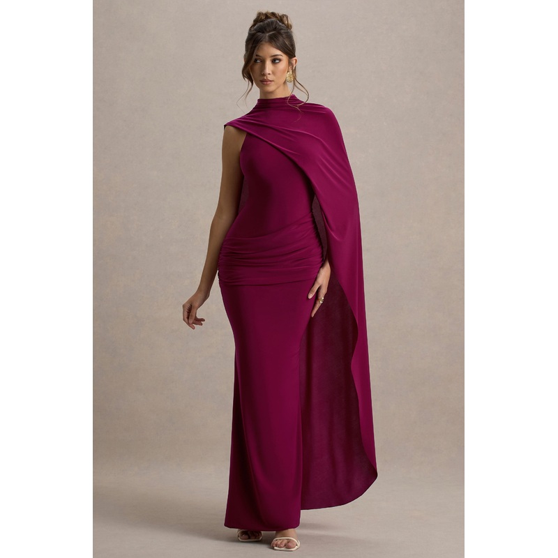 Maeve | Burgundy Cape-Sleeve Draped Maxi Dress