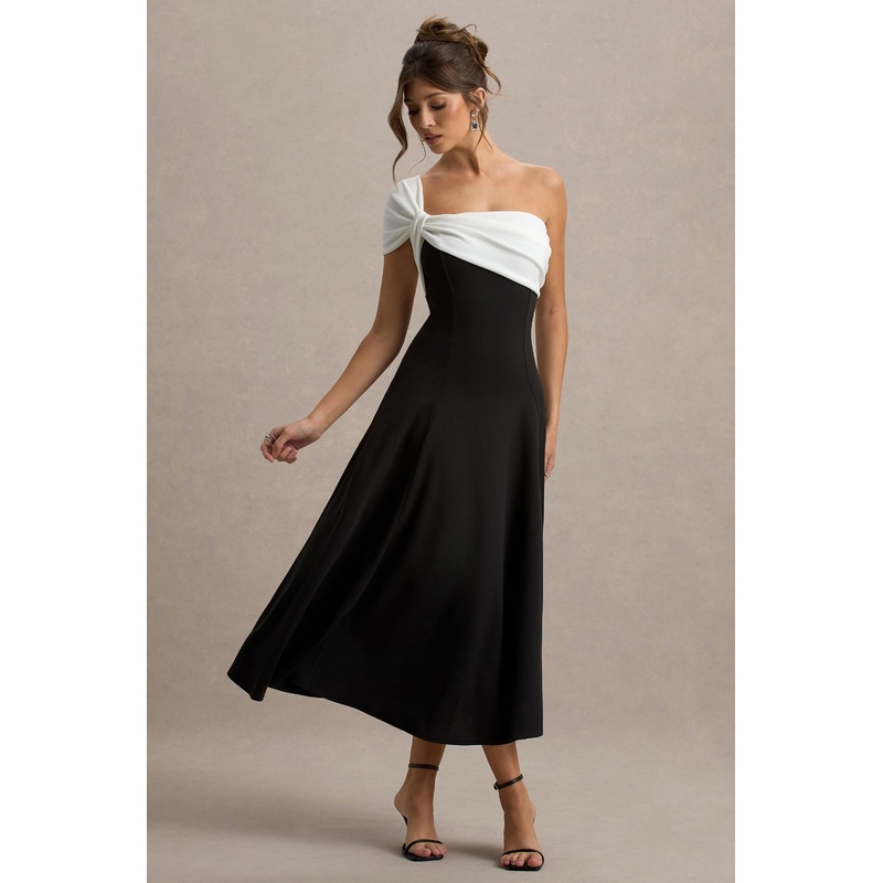 Malta | Black & White One-Shoulder Midi Dress