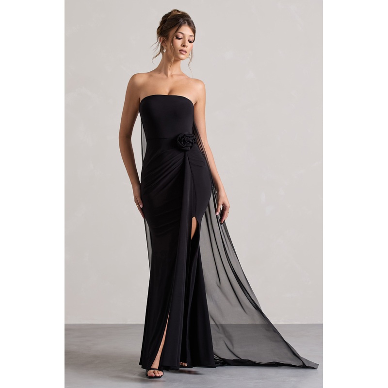 More To Come | Black Strapless Wrap Cape Maxi Dress With Corsage