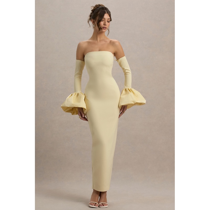 Myah | Lemon Bandeau Long-Sleeve Maxi Dress With Puff Cuffs