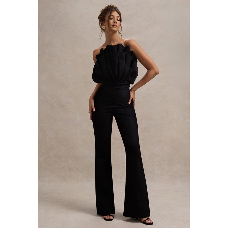 Nicia | Black Ruffled Strapless Flared-Leg Jumpsuit