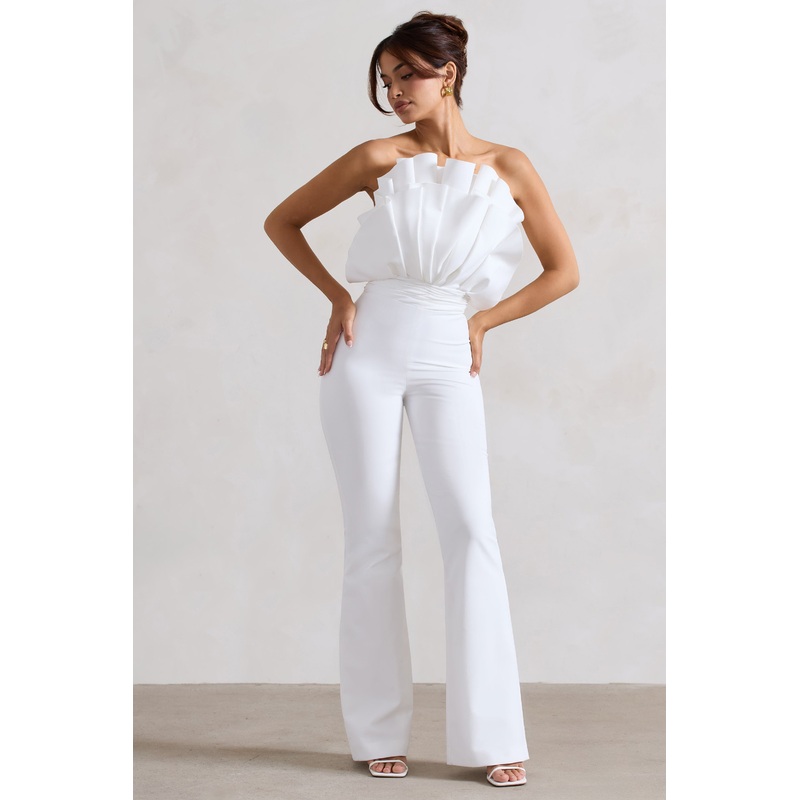 Nicia | White Ruffled Strapless Flared-Leg Jumpsuit