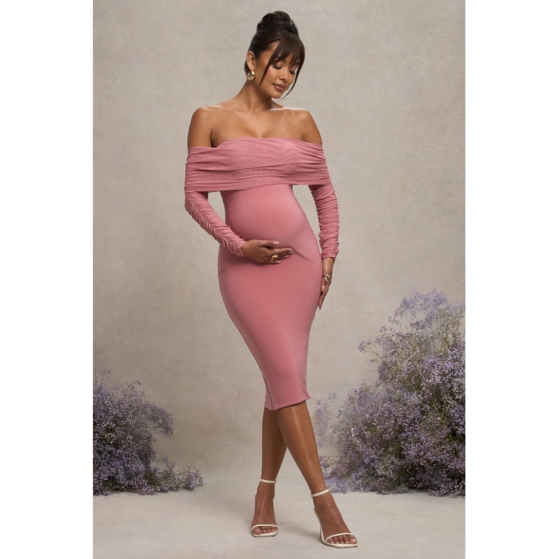 Patiently Waiting | Blush Pink Maternity Ruched Mesh Bardot Midi Dress