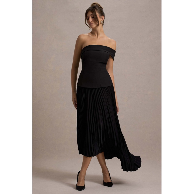 Pauline | Black Bardot Tailored Maxi Dress With Plisse Skirt