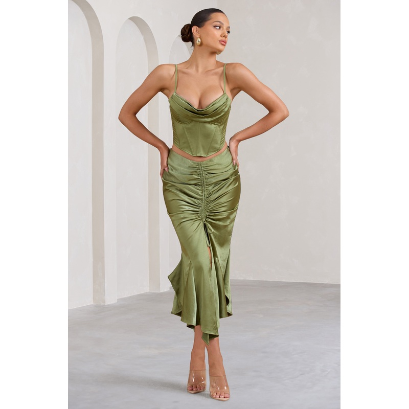 Per Favore | Olive Satin Ruched Split Maxi Skirt