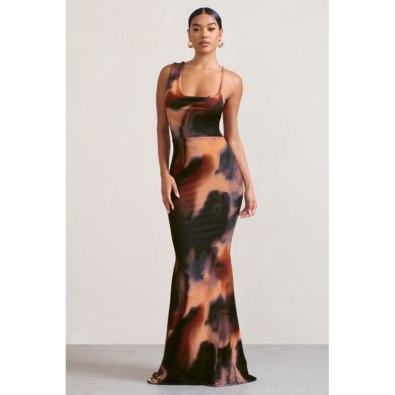 Phantasy |  Orange Smoke Print Asymmetric Neckline Cowl Maxi Dress