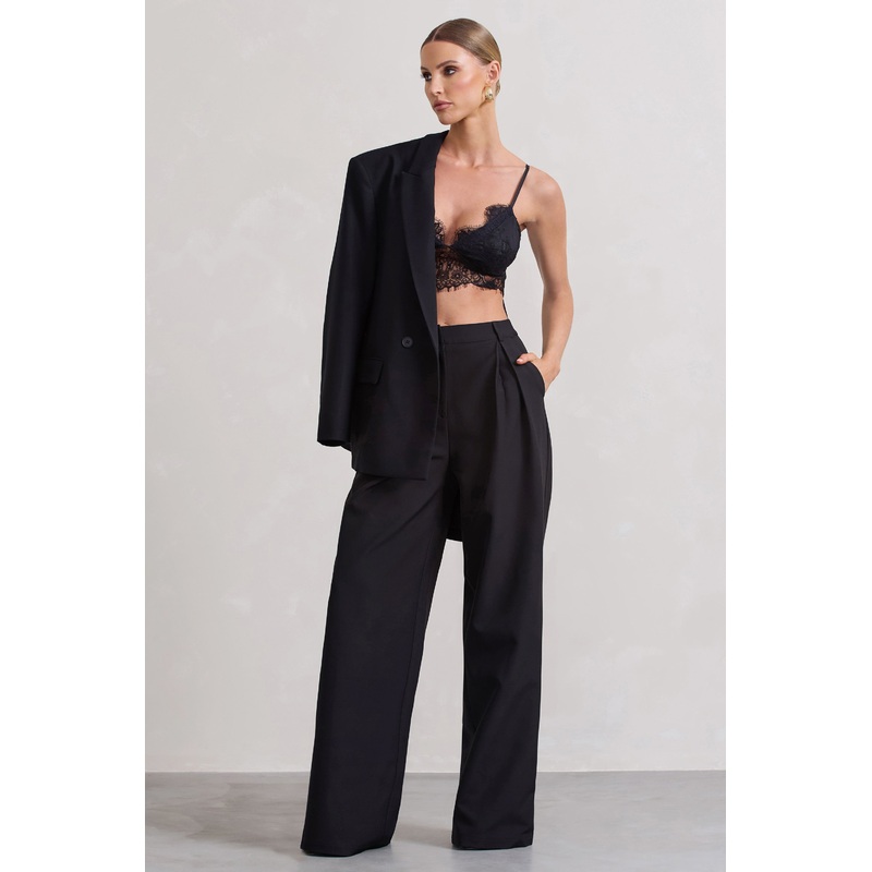 Raina | Black High Waist Pleated Wide-Leg Trousers