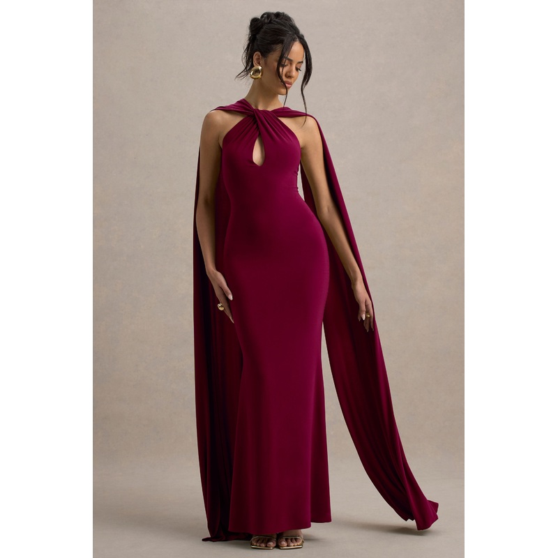 Rhoda | Burgundy Twist Halter-Neck Cape Maxi Dress