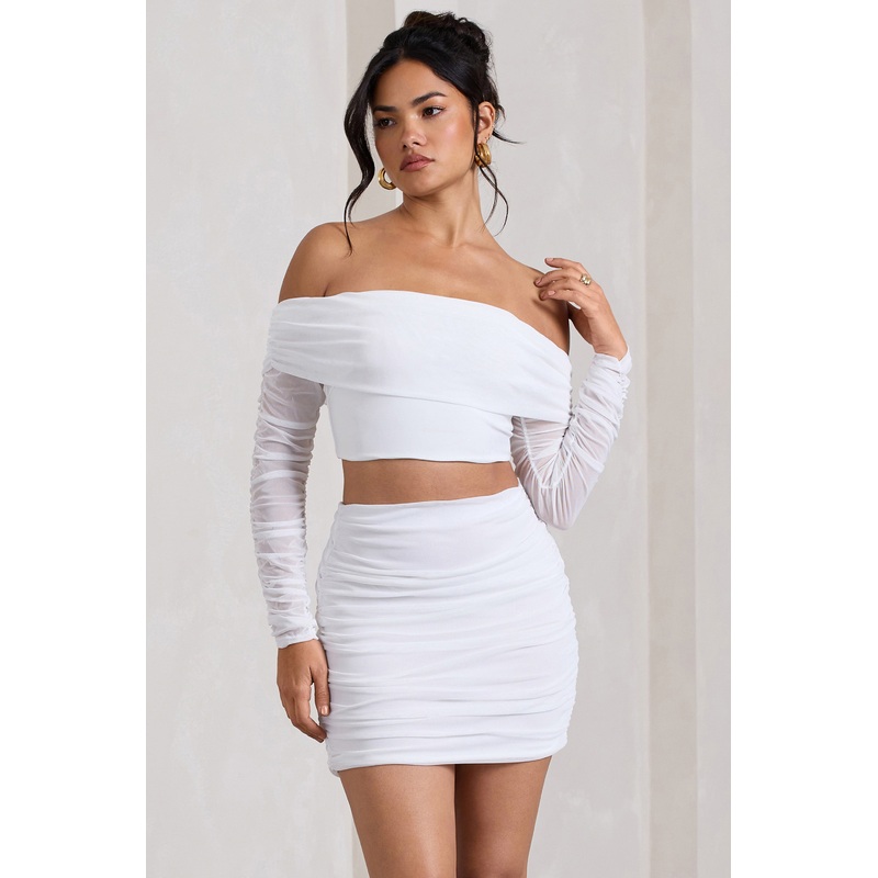 Rule Breaker | White Ruched Mesh Bardot Crop Top