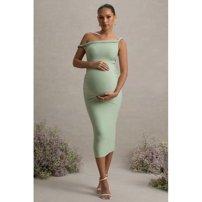 Salome | Light Green Twisted Asymmetric Maternity Midi Dress