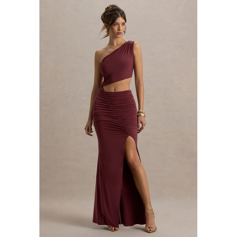 Sena | Burgundy Asymmetric Maxi Dress With Cut Out Details