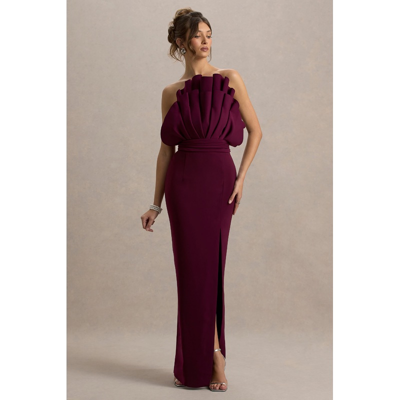 Set The Bar | Plum Ruffled Strapless Split Maxi Dress