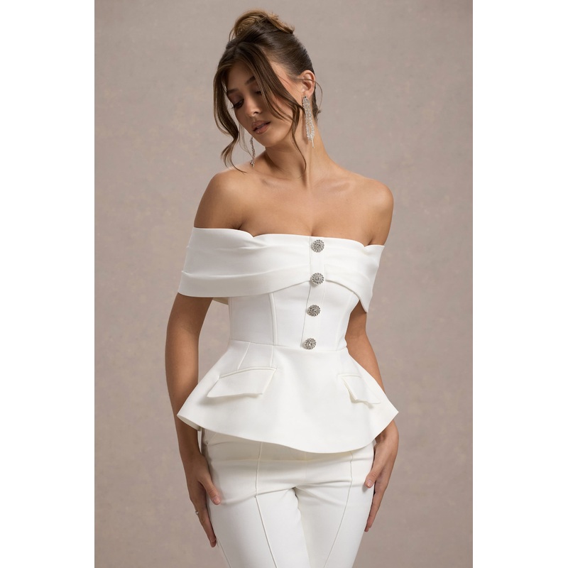 Shai | White Tailored Bardot Top